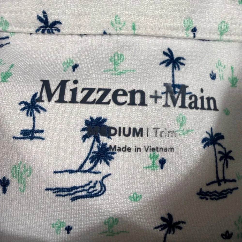 Mizzen Main Palm Tree Cactus Print‎ Polo Shirt Mens Medium Trim Golf Casual